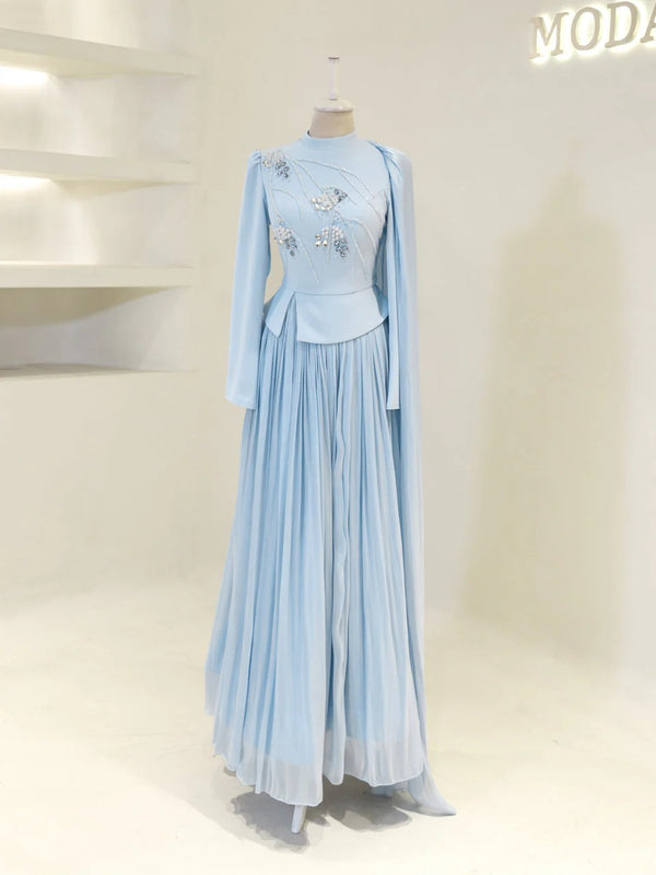 Beaded Embellished Maxi Evening Dress for Formal Events - Baby Blue