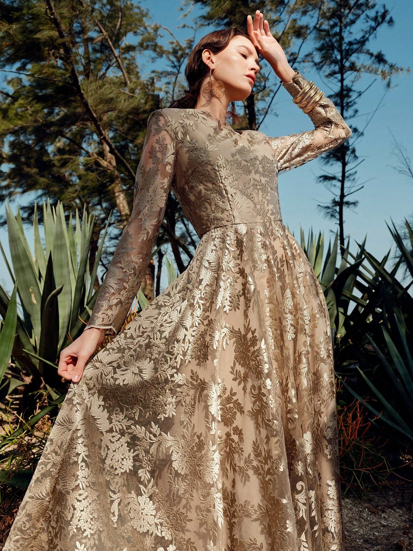 Luxe Gold Lace Long-Sleeve Dress