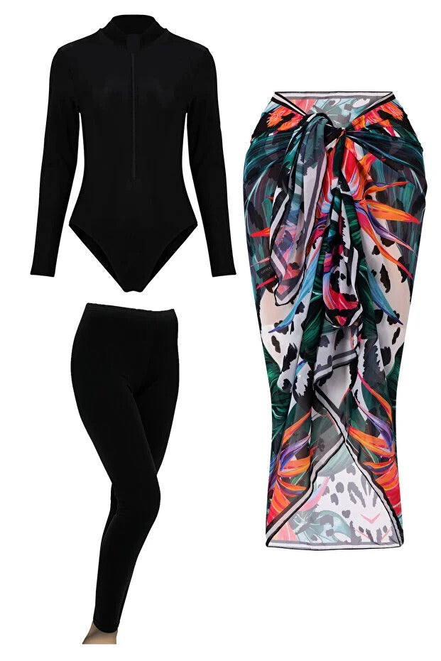 Lana 3-Piece Modest Swimsuit Set - Long Sleeve Burkini with Pareo -Star