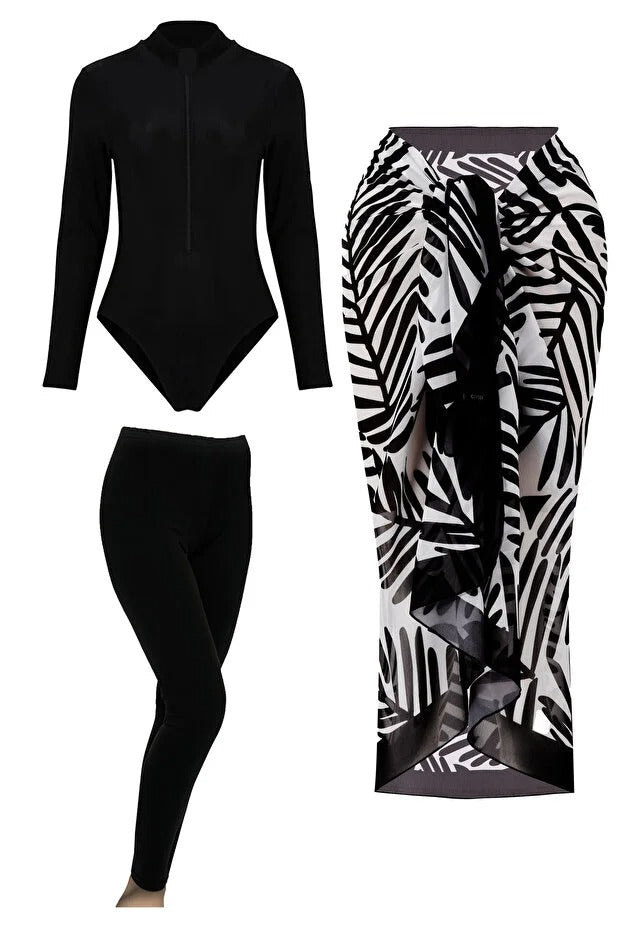 Lana 3-Piece Modest Swimsuit Set - Long Sleeve Burkini with Pareo -Leaf