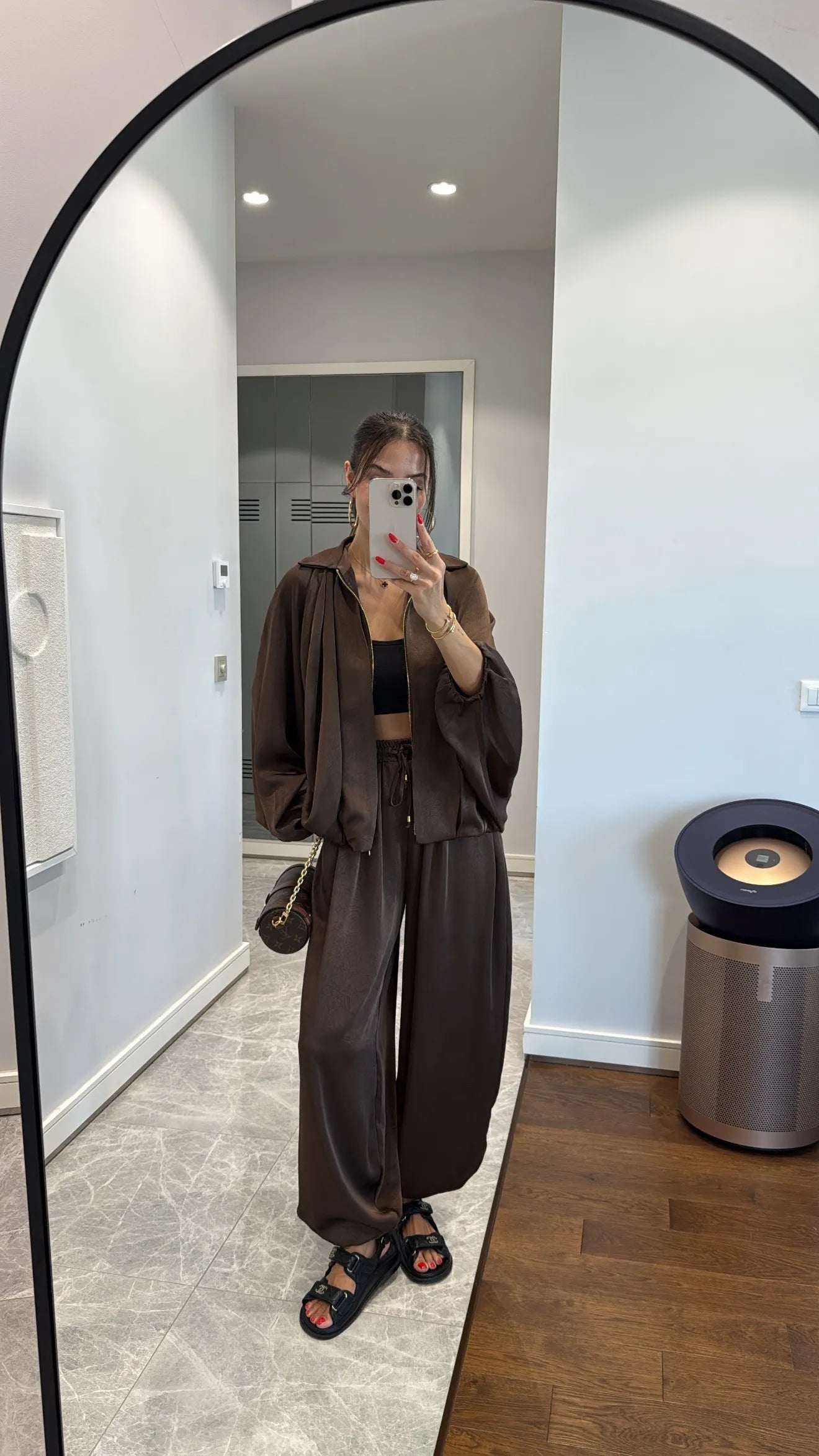 Brown Satin Bomber Jacket and Harem Pants Set