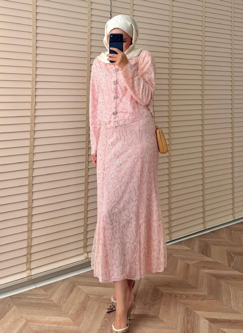 Lace Shimmer Skirt Set – Pink