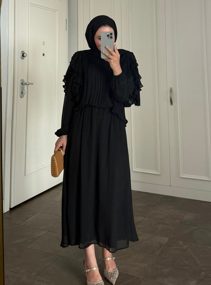 Black Pleated Ruffle-Detail Chiffon Blouse & Midi Skirt Co-ord Set -PRE ORDER