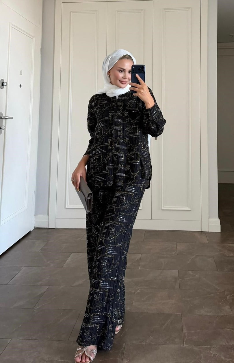 Lilly Modest Trousers Matching Set | Premium Tunic Co-Ord Suit - Black