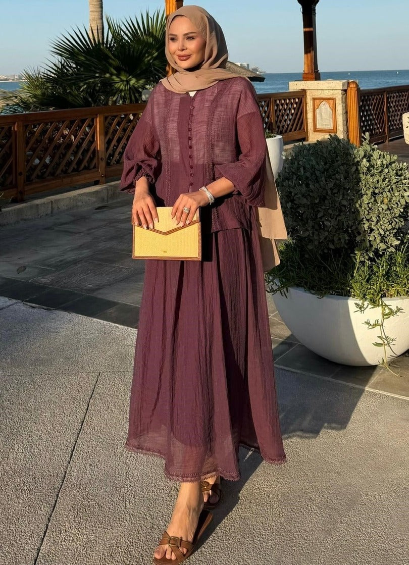 Düğmeli, Dantel Detaylı Bluz ve Maksi Etek Takım - Bordo