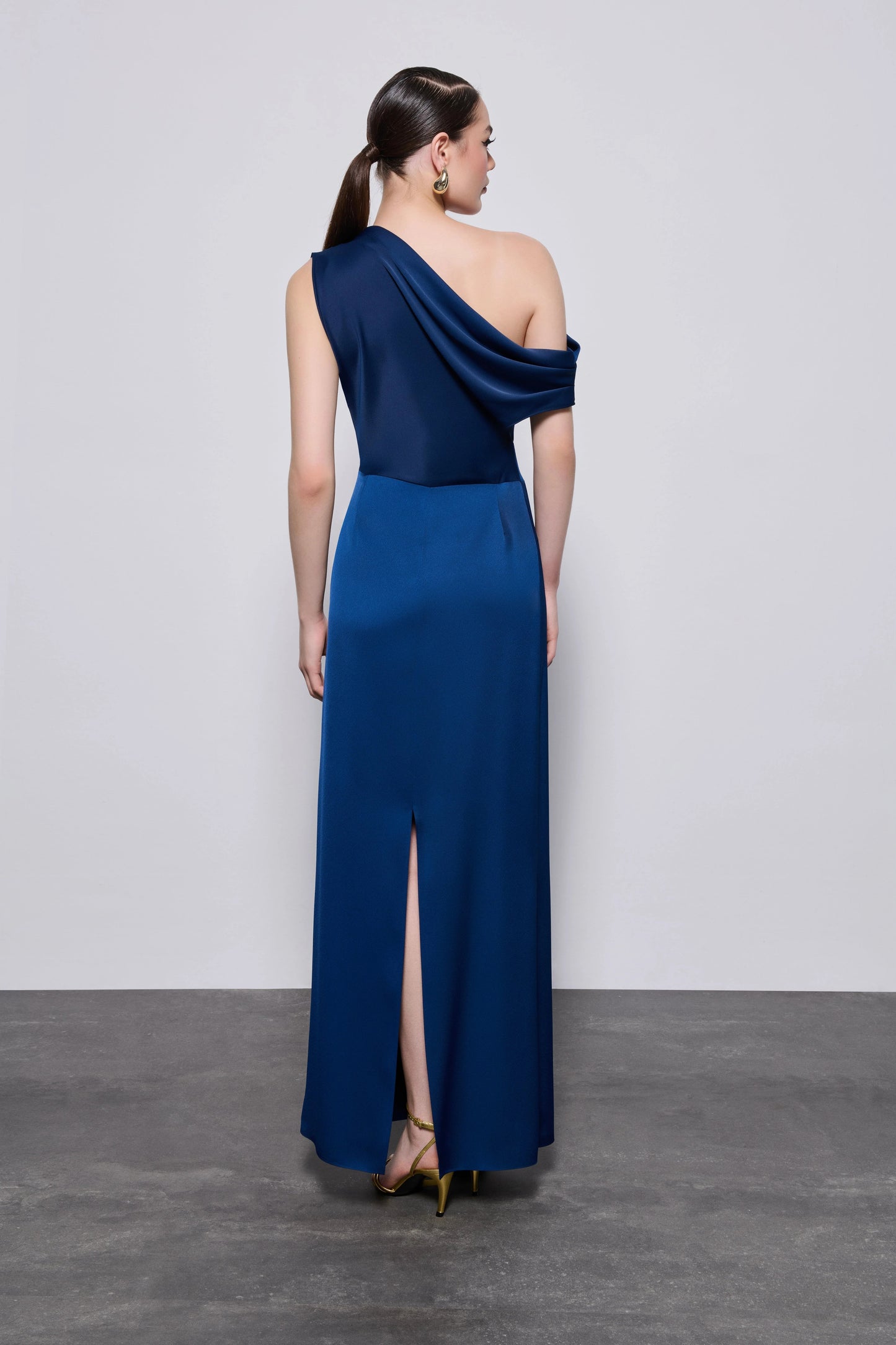Draped Satin Midi Dress – Navy Blue