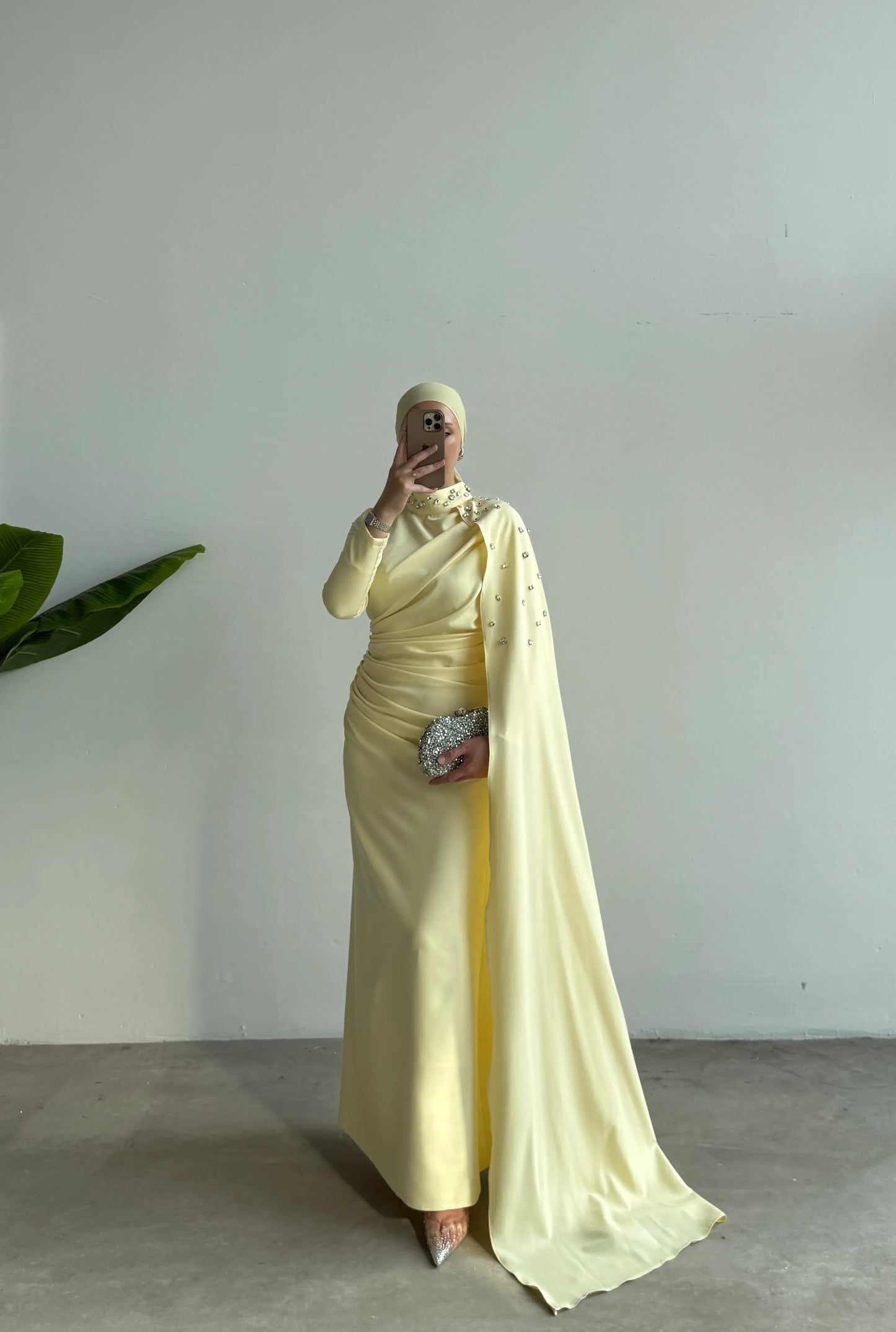 Cape Detail Embellished Butter Yellow Evening Dress