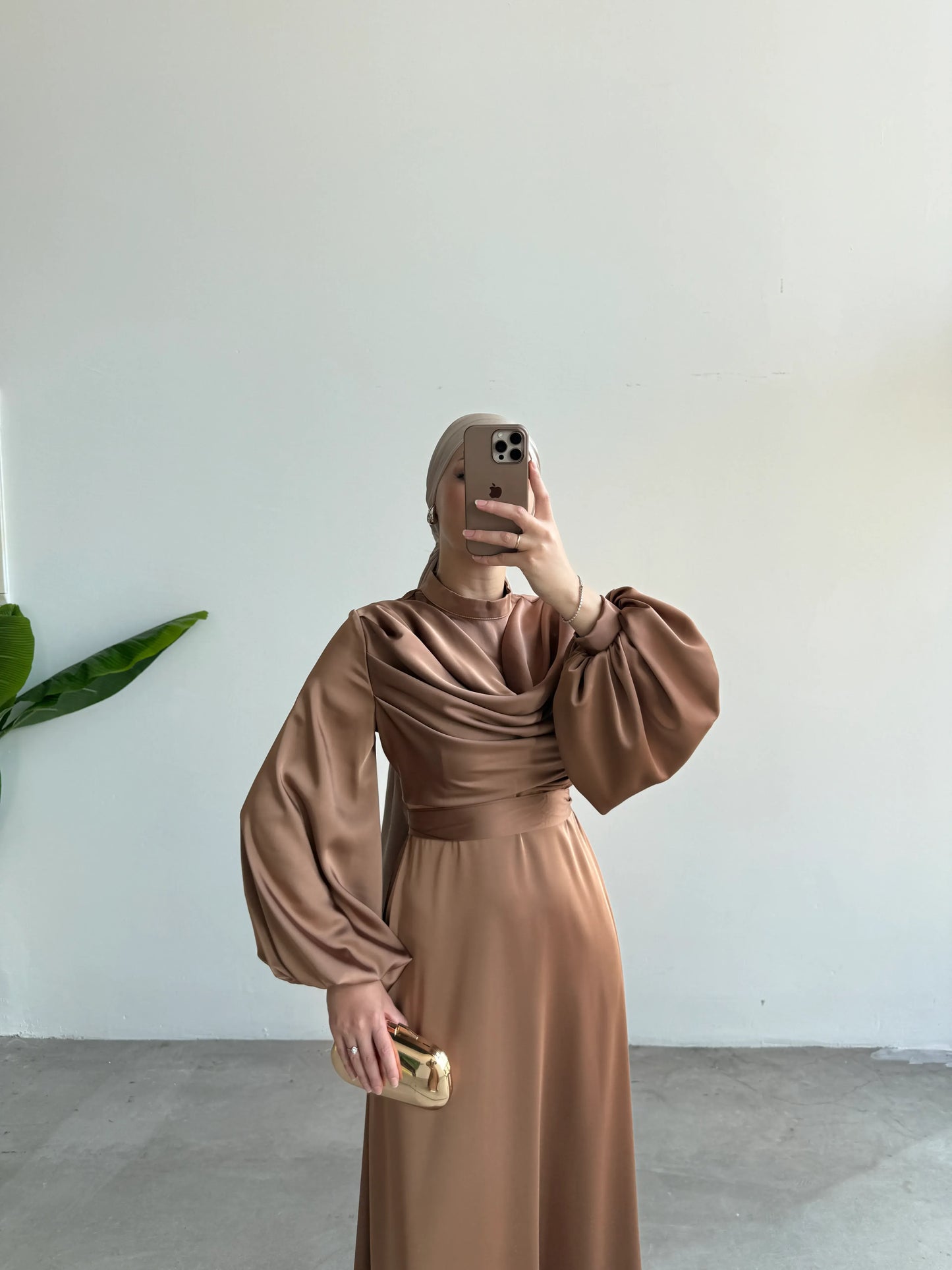 Silky Satin Cowl Neck Bronze Maxi Evening Dress