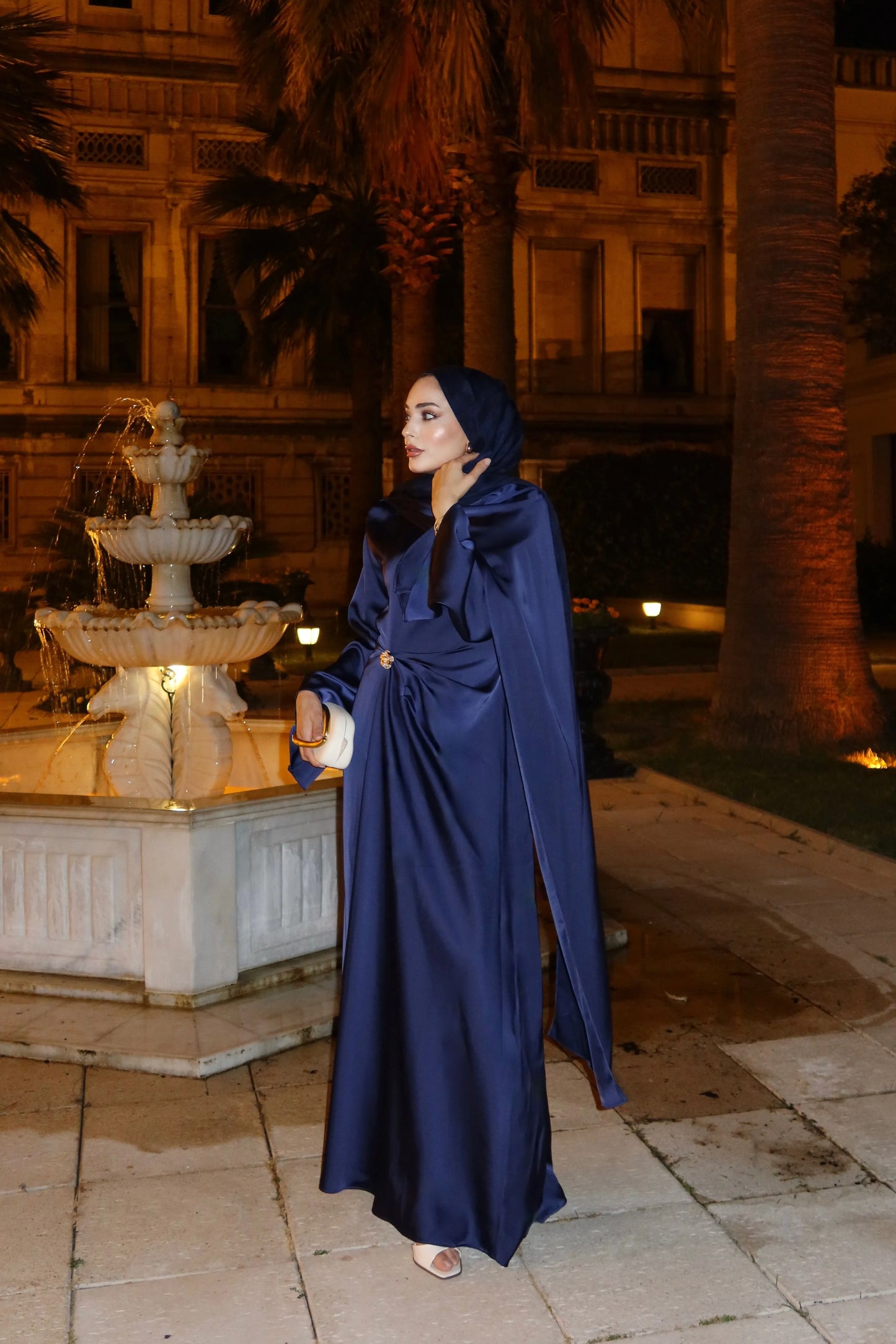 Brooch Detailed Silky Satin Navy Blue Evening Dress