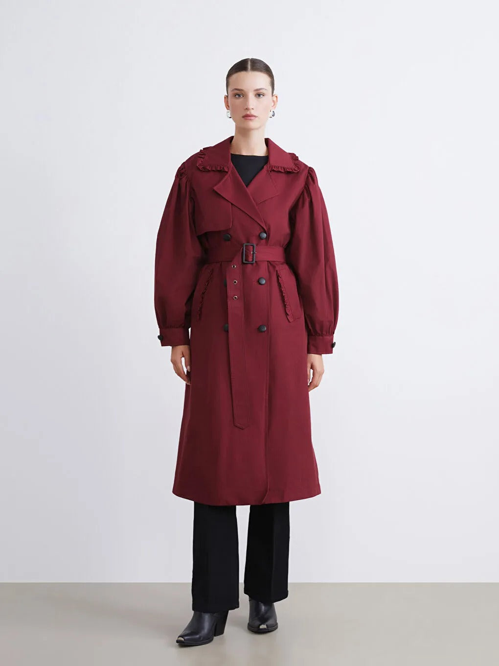 Burgundy Double-Breasted Women's Trench Coat