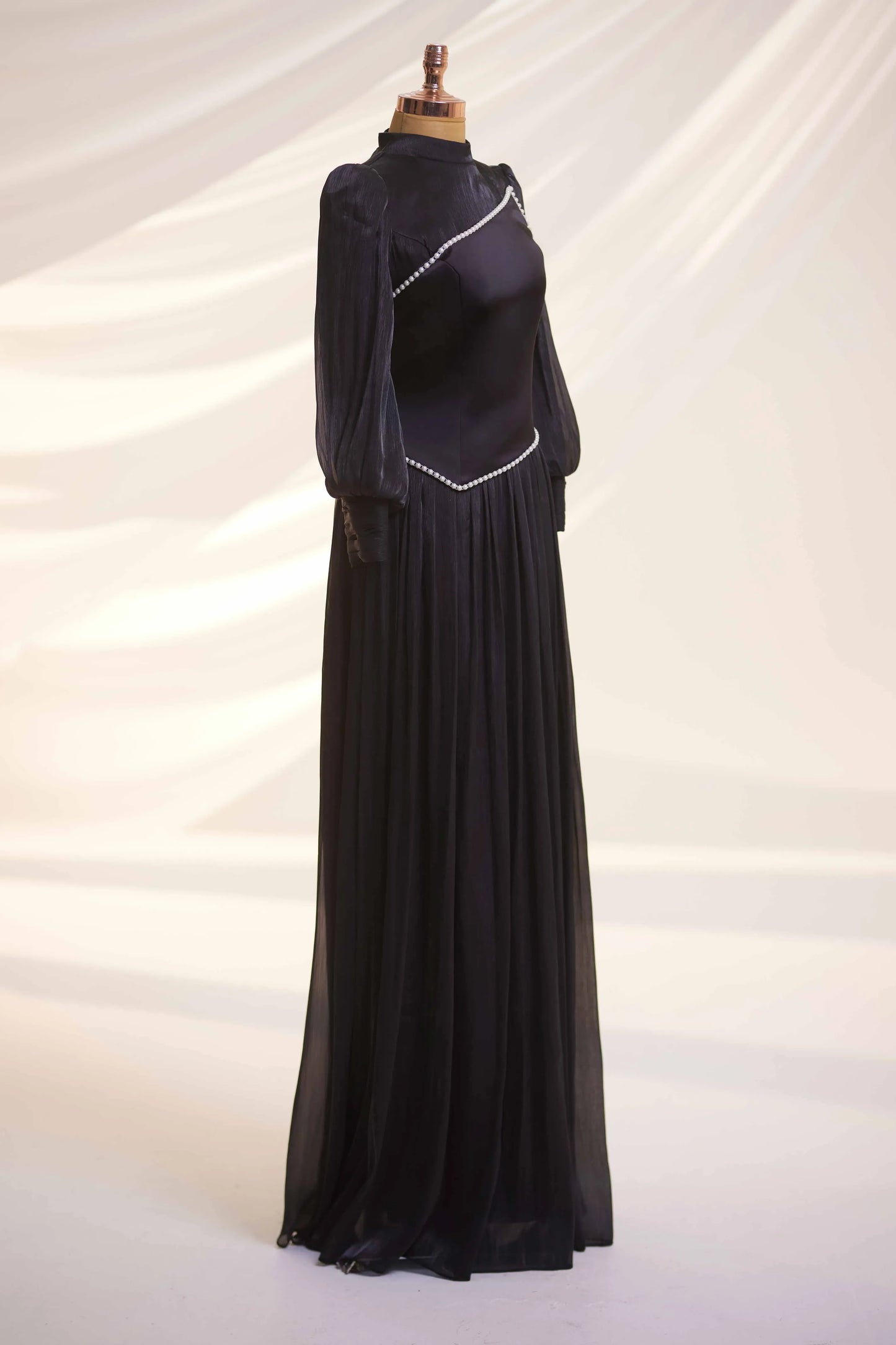 Black Organza Pearl Detail Modest Evening Dress