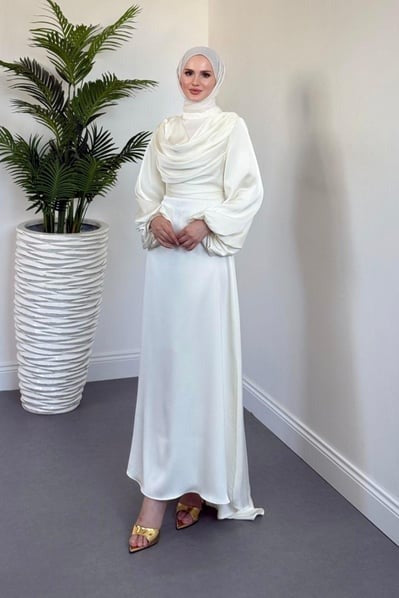 Silky Satin Cowl Neck Ecru Maxi Evening Dress