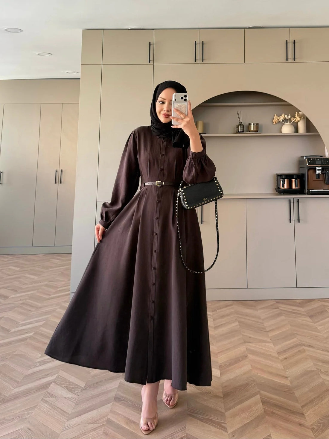 Pearl Belted Maxi Dress in Brown