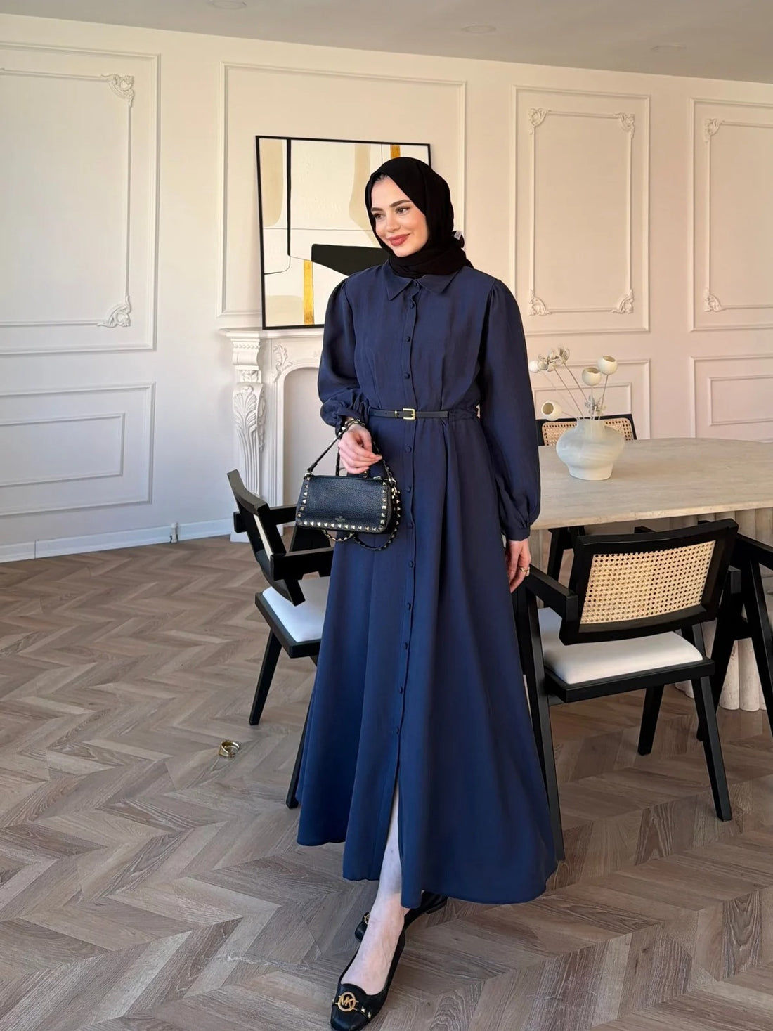 Pearl Belted Maxi Dress in Navy Blue
