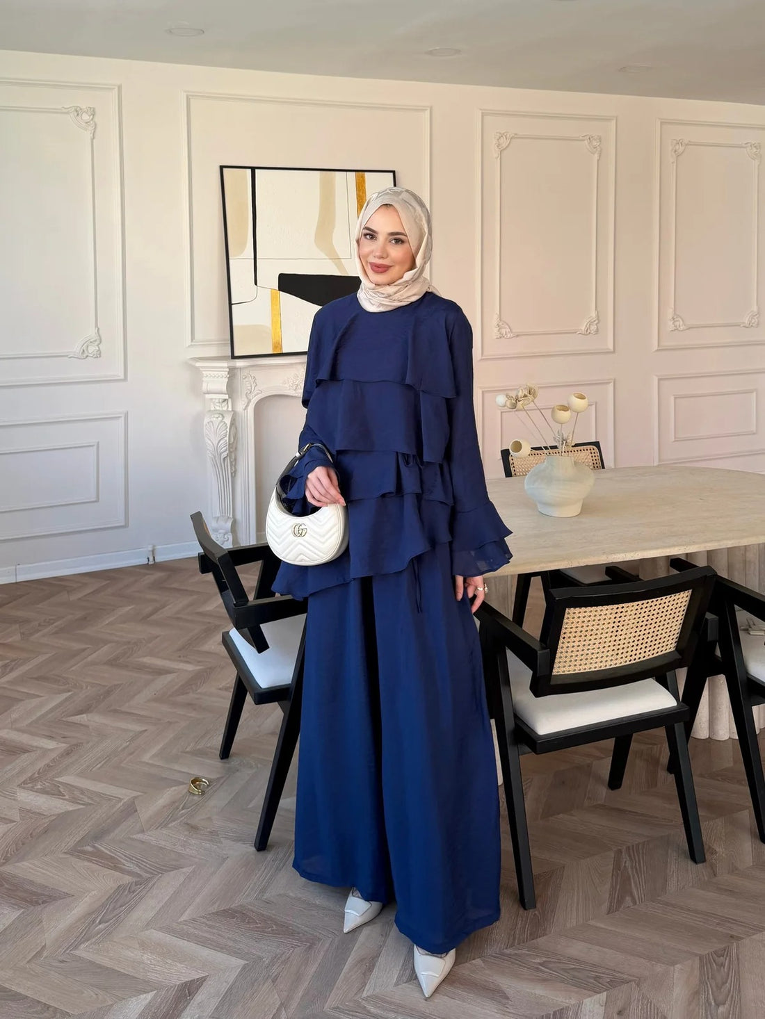Tiered Tulle Trouser Set in Navy Blue