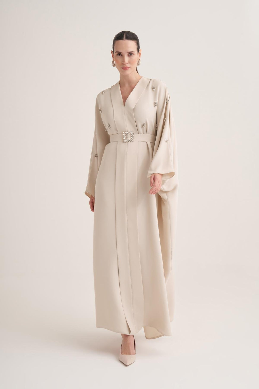 Beige Kaftan with Crystal Hand Embellishments & Jewelled Belt Buckle