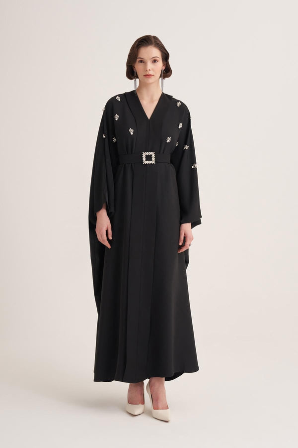 Black Kaftan with Crystal Hand Embellishments & Jewelled Belt Buckle