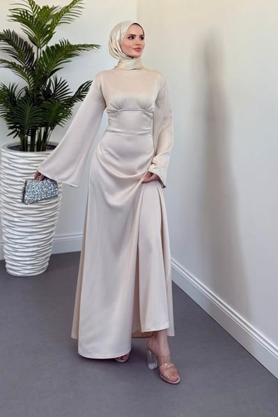 Elegant Cream Satin Modest Evening Dress with Baguette Stone Waist Detail