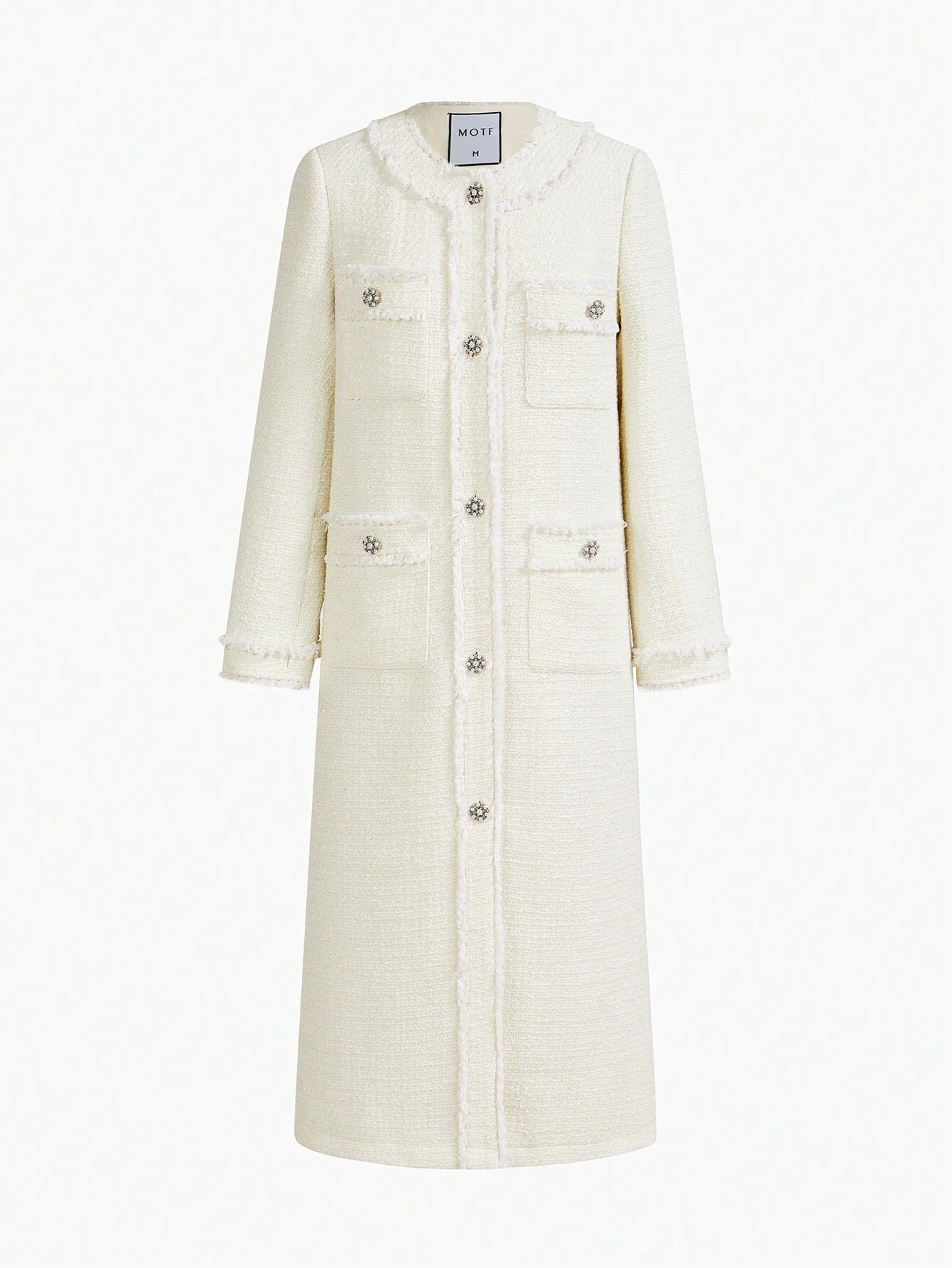 Tweed Solid Long Coat with Raw