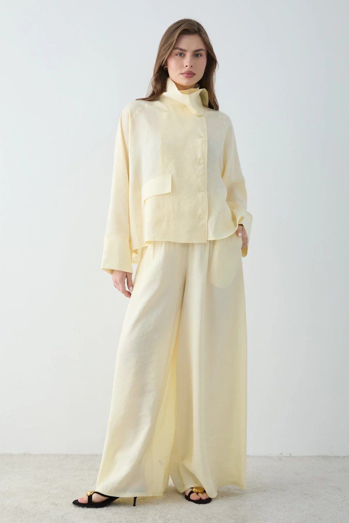 Yellow 100% Cotton Mock-Neck Shirt & Wide-Leg Pants Co-ord Set
