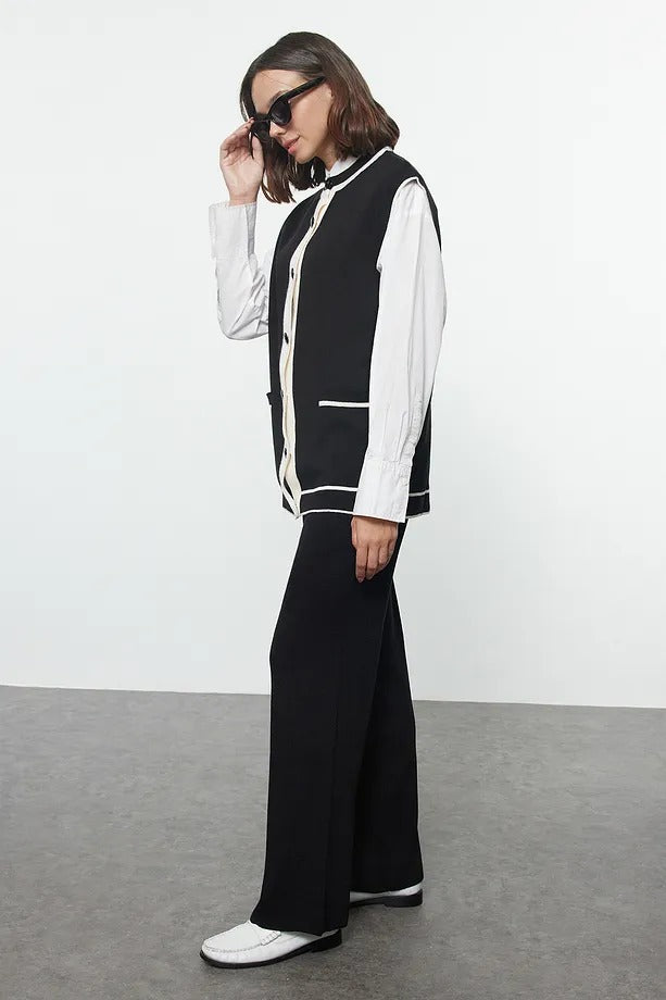 Black & Ecru Trim Buttoned Knit Vest Two-Piece Set