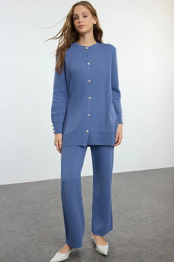 Indigo Pearl-Button Knit Two-Piece Set