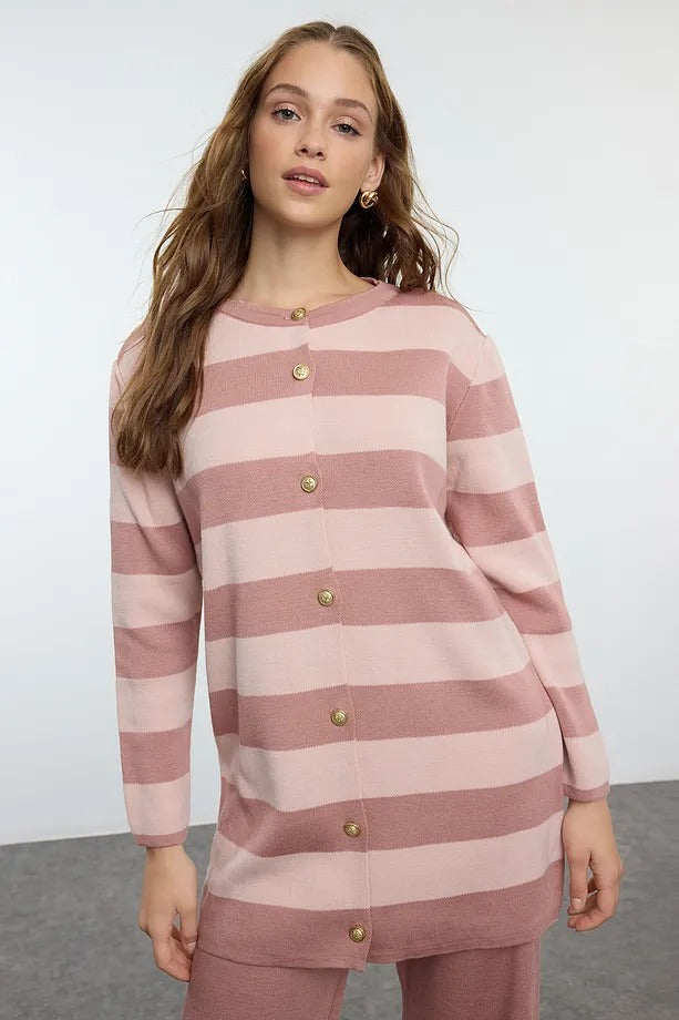 Rose Dust Striped Knit Cardigan & Pants Two-Piece Set