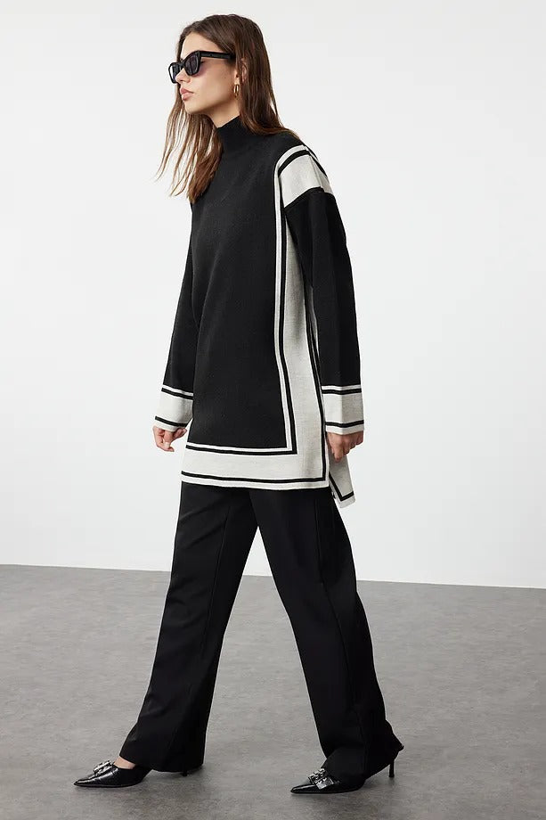 Black Relaxed-Fit Striped Knit Tunic & Pants Two-Piece Set