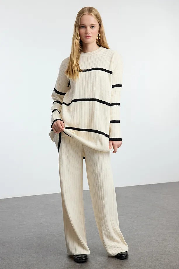 Cream Striped Ribbed Knit Two-Piece Set
