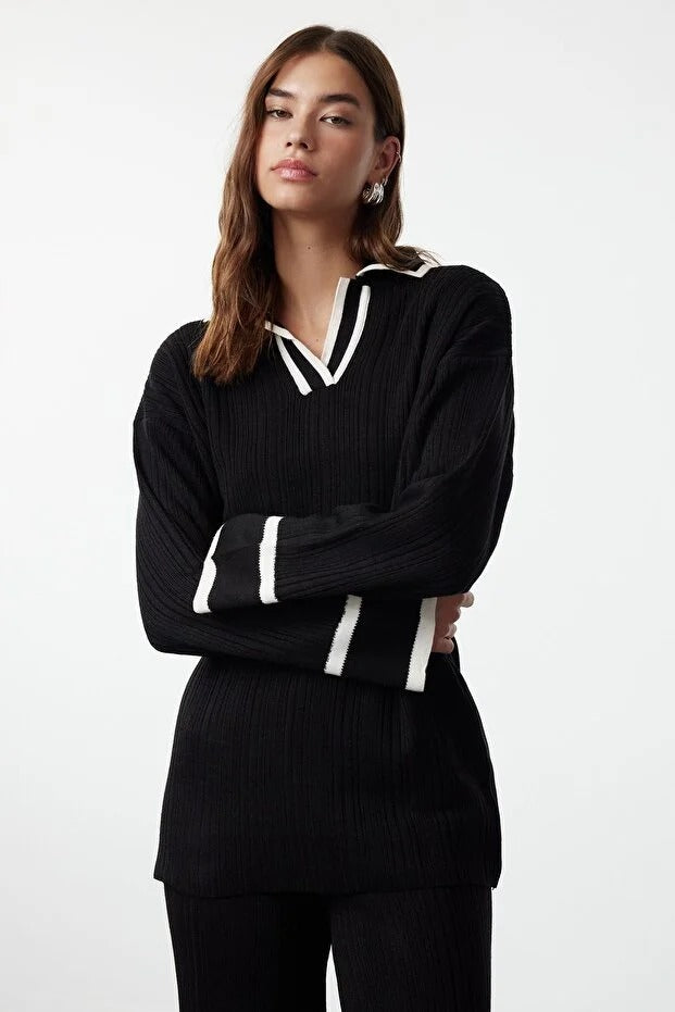 Black Piped Knit Sweater & Pants Set
