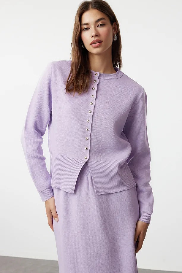 Lilac Button-Front Knit Cardigan & Skirt Set