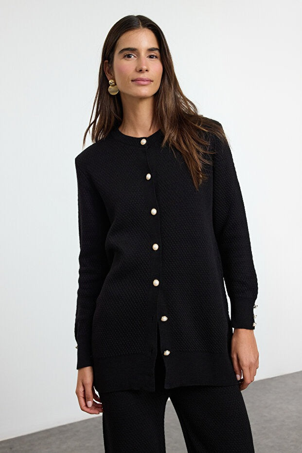 Black Pearl-Button Knit Two-Piece Set