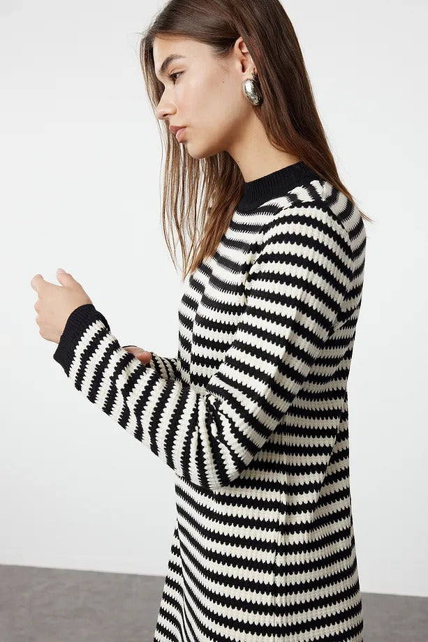 Black & White Striped Long Knit Dress