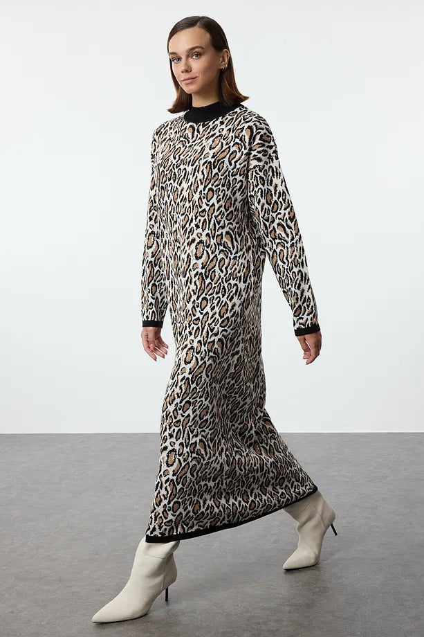 Black Leopard Print Knit Dress
