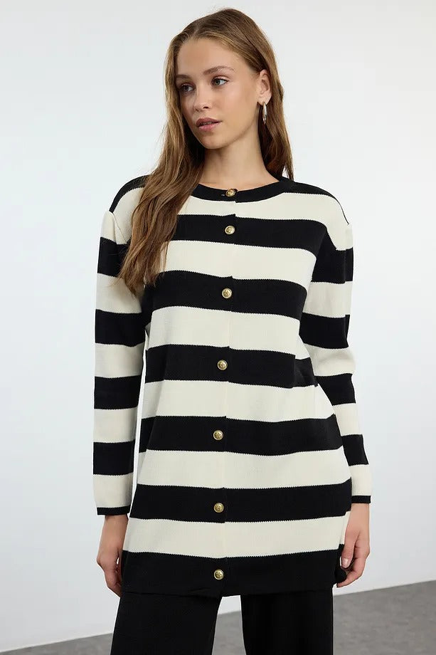 Black Striped Knit Cardigan & Pants Two-Piece Set