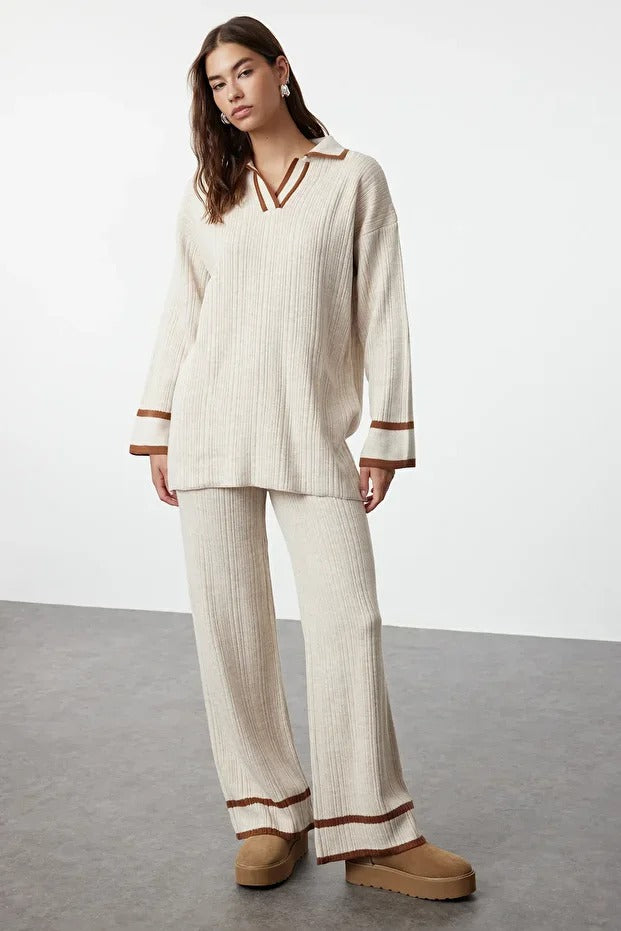 Stone Brown Piped Knit Sweater & Pants Set