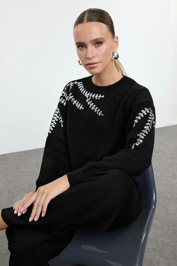 Black Sequin-Embellished Knit Two-Piece Set