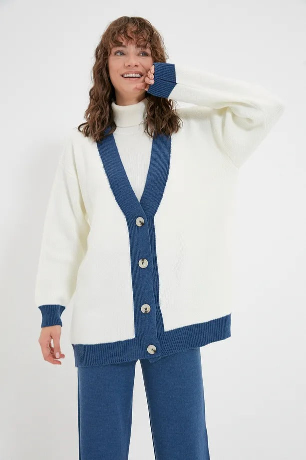 Blue Stripe Detail Knit Cardigan & Pants Set