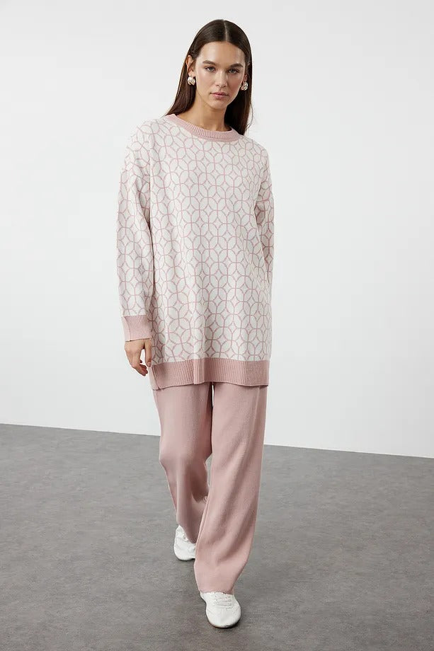 Rose Dust Geometric-Pattern Knit Sweater & Pants Set