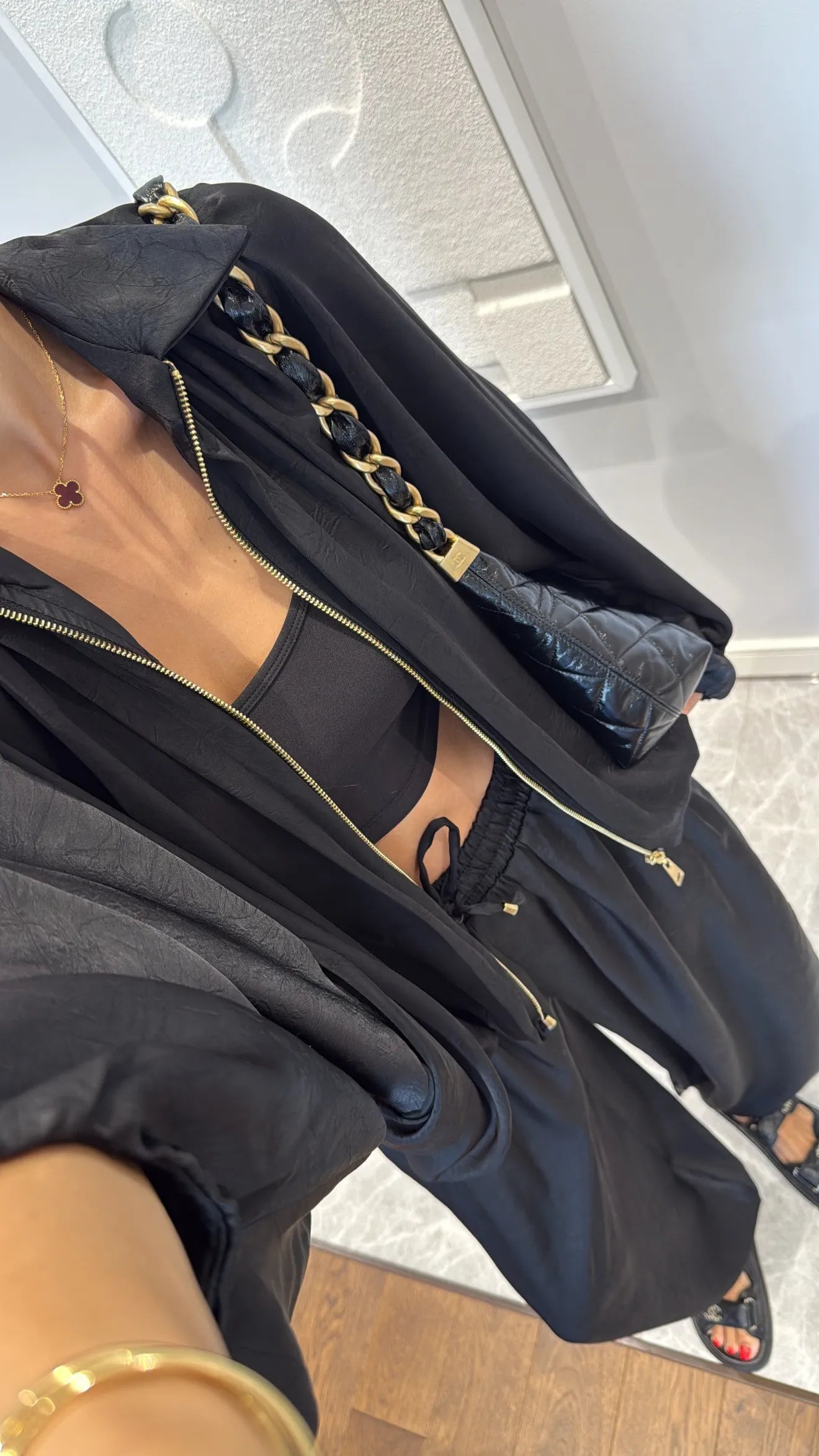 Black Satin Bomber Jacket and Harem Pants Set