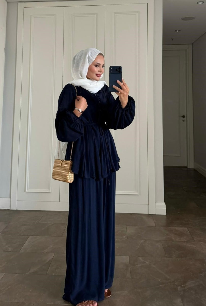 Navy Blue Modest Pant Set - Lined Two Piece Crinkle Fabric Outfit