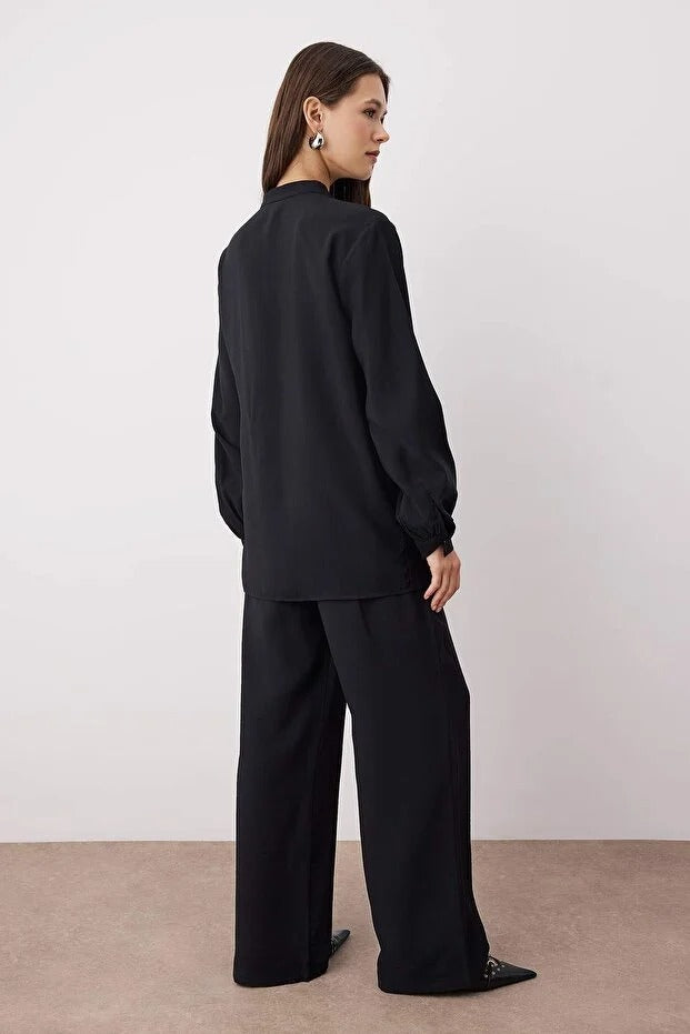 Black Modal Fabric Plain Woven Belt-Buckle Detailed Two-Piece Set
