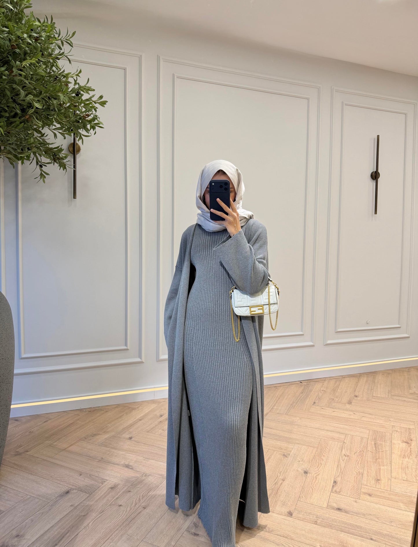 Gray Knit Kimono Set with Inner Dress