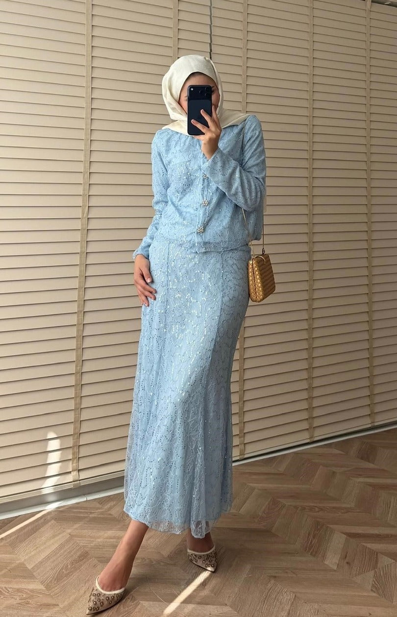Lace Shimmer Skirt Set – Blue