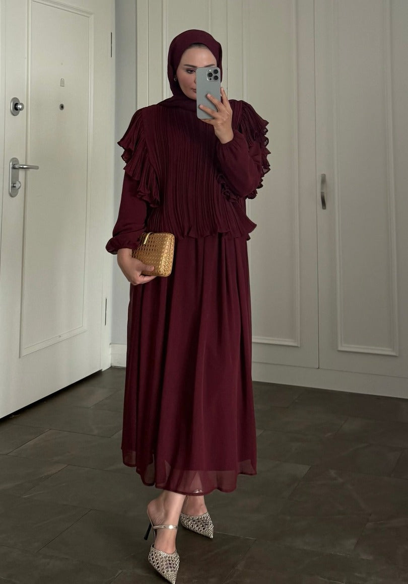 Burgundy Pleated Ruffle-Detail Chiffon Blouse & Midi Skirt Co-ord Set -PRE ORDER