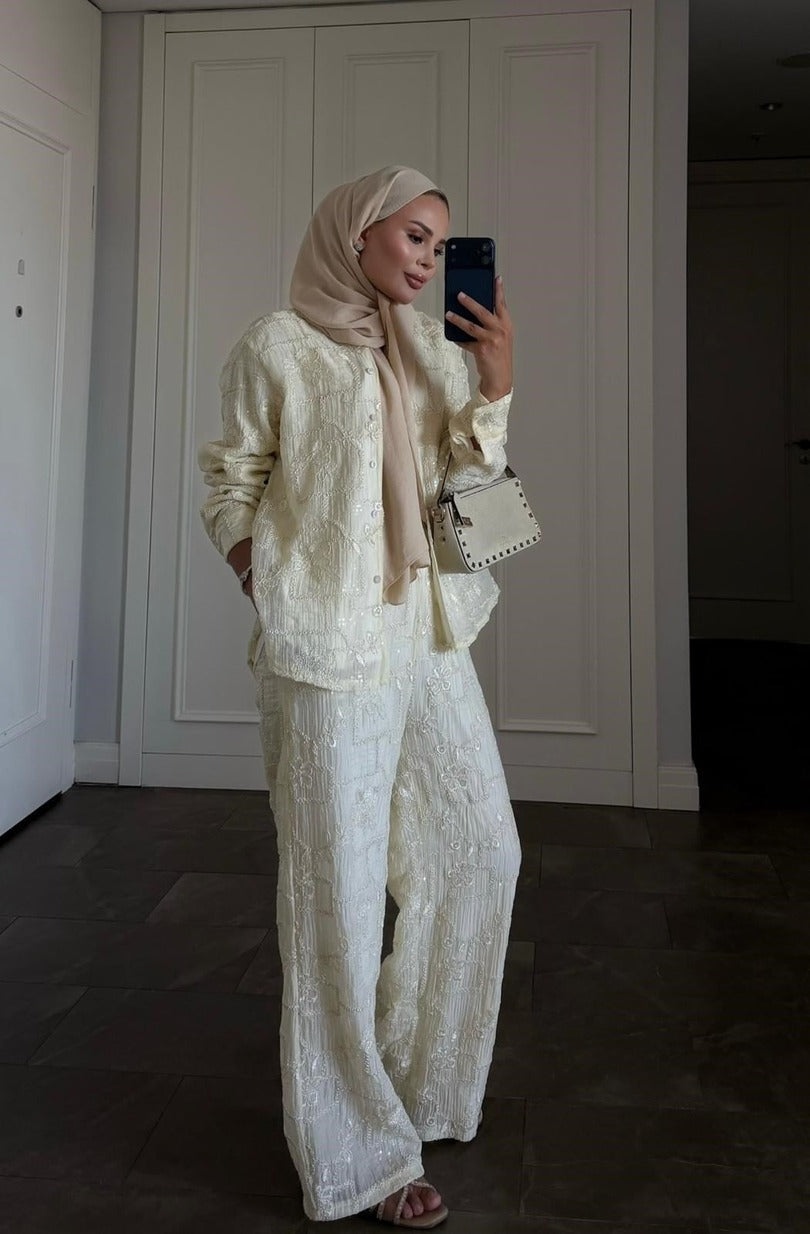Lilly Modest Trousers Matching Set | Premium Tunic Co-Ord Suit - Beige