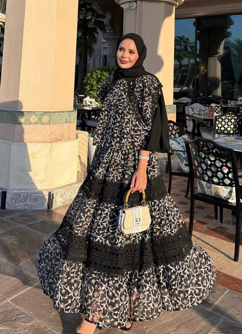 Floral Print Lace-Trim Tiered Maxi Co-ord Set - Black