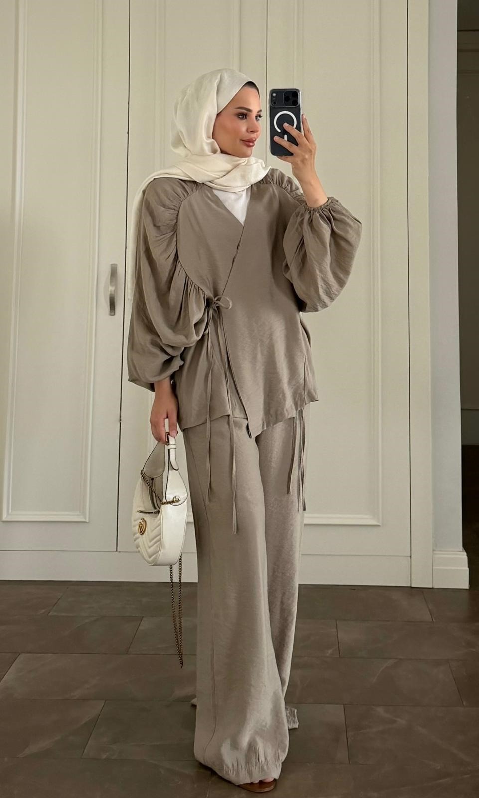 Balloon Sleeve Tencel Co-ord Set with Tie Waist & Wide-Leg Trousers - Khaki