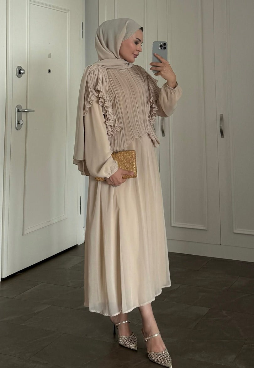 Beige Pleated Ruffle-Detail Chiffon Blouse & Midi Skirt Co-ord Set -PRE ORDER