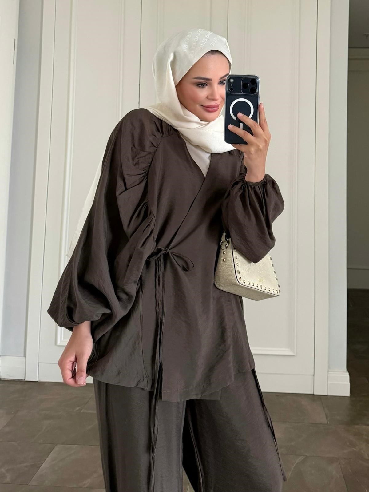 Balloon Sleeve Tencel Co-ord Set with Tie Waist & Wide-Leg Trousers - Brown